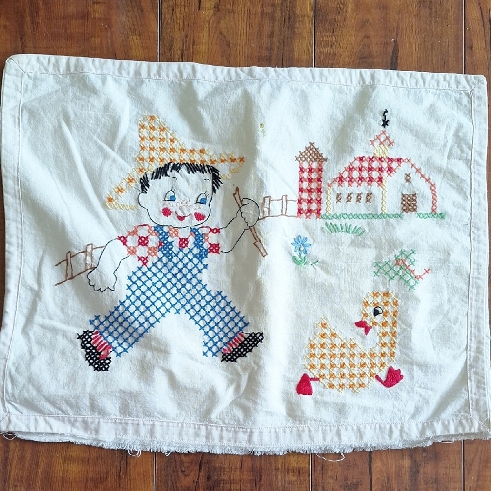 Handcrafted Cross-Stitch Farm Scene Pillow Cover - Cheerful Boy & Duck